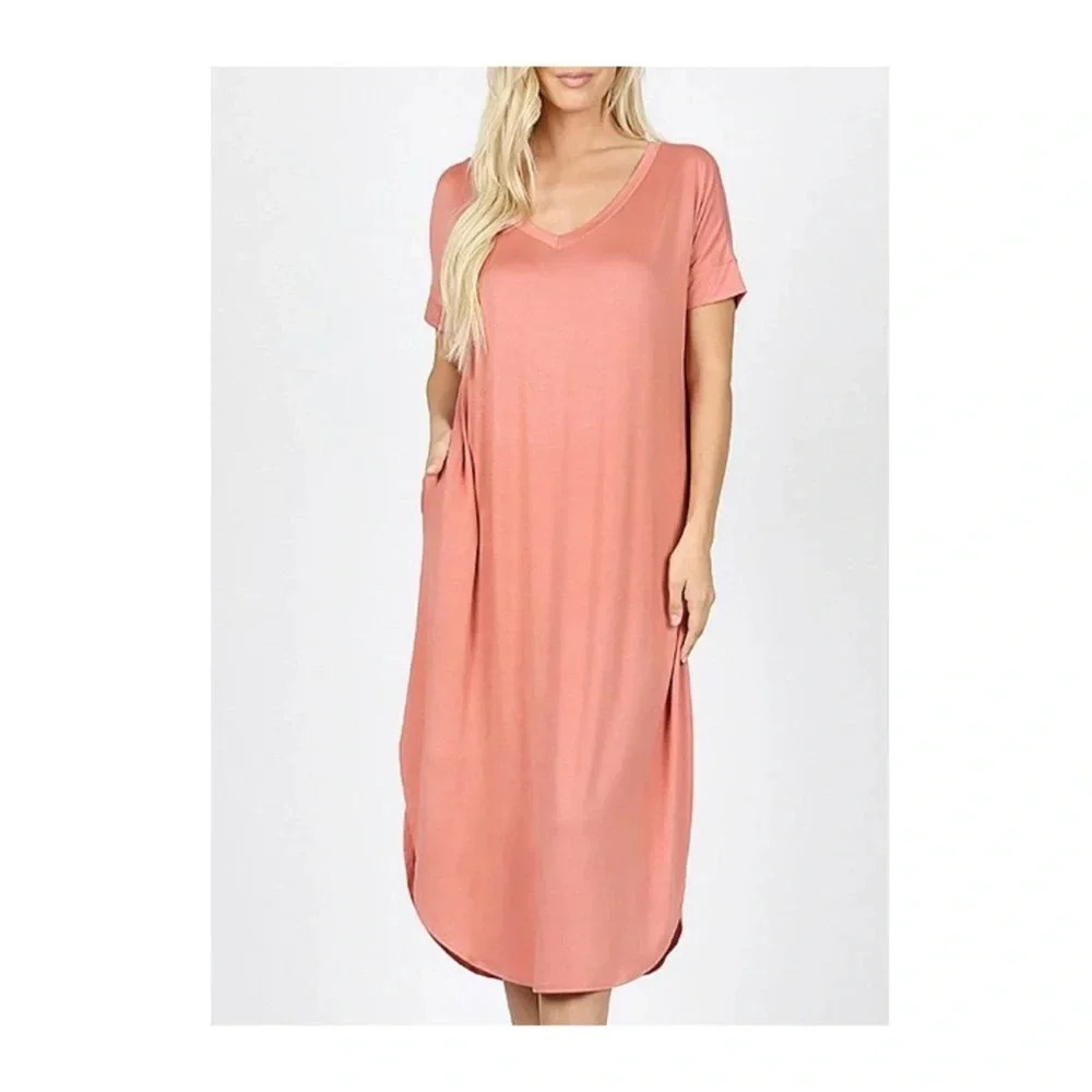 🆕Zenana Ash-Rose V-Neck Short Sleeve Side Slit Mid Dress S🆕 - Picture 1 of 10